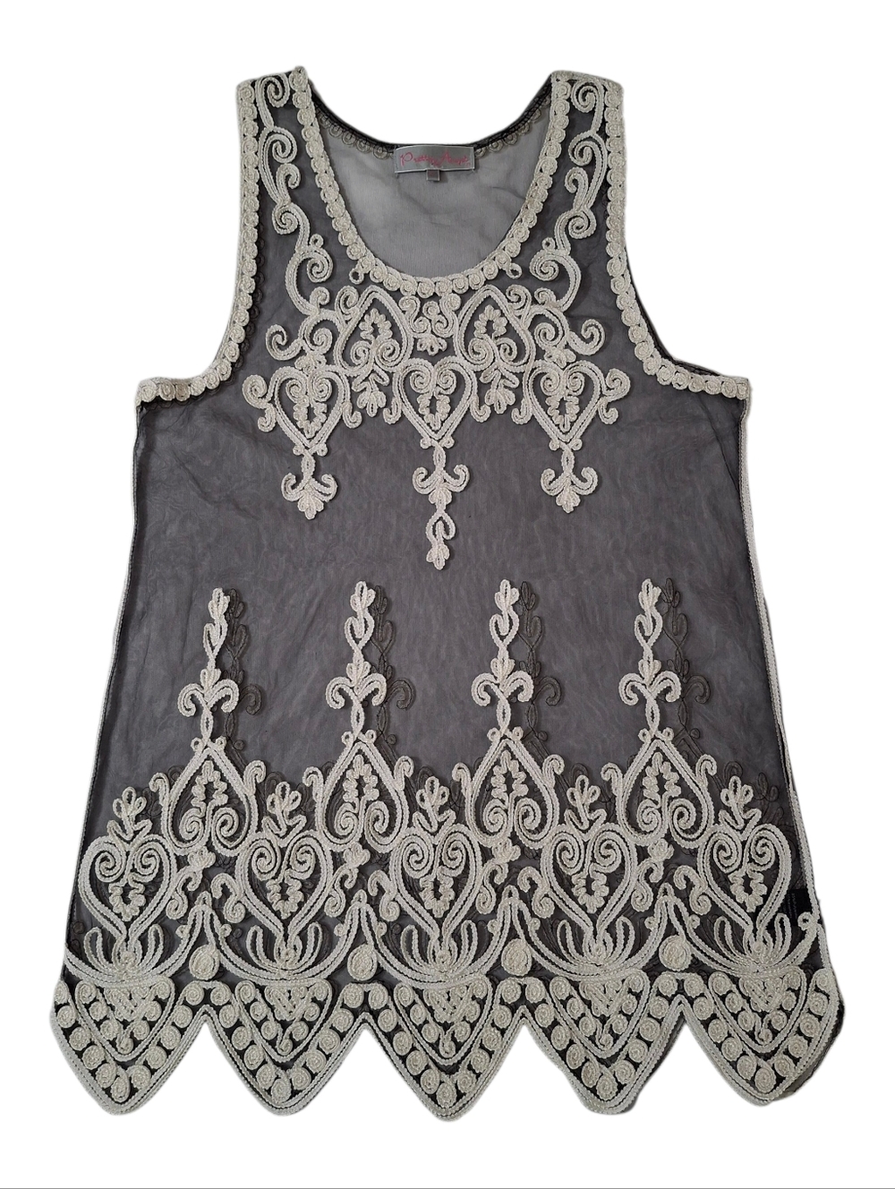 Pretty Angel Sheer Embroidered Mesh Tank Top XL Boho Lace Overlay Scalloped Hem